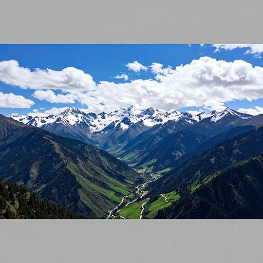 Photograph of a majestic mountain range with snow-capped peaks under a bright blue sky with white clouds. Green valleys and a winding river stretch through the