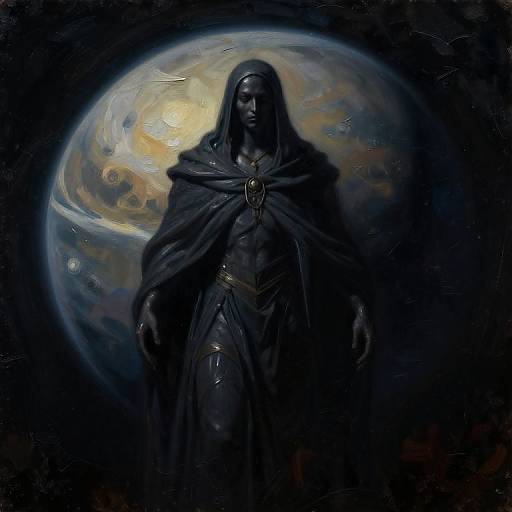 Mysterious dark-robed figure with glowing moon background, digital painting; shadowy, ethereal, hooded, and serene, surrounded by cosmic colors