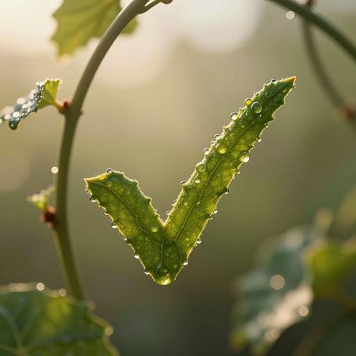 Photograph of a bright green, jagged-edged leaf with dewdrops, backlit by sunlight, creating a glowing effect against a blurred, bo