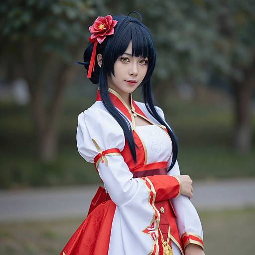 Photograph of an Asian woman in a detailed red and white traditional Korean hanbok, with long black hair, red flower hair accessory, standing outdoors