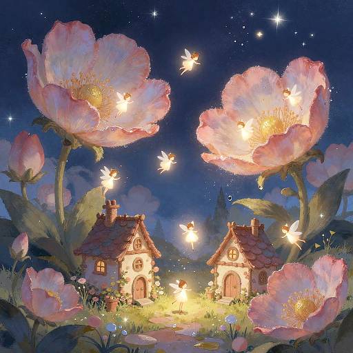 Whimsical night scene: glowing fireflies illuminate two tiny, pink-flowered fairy houses under a starry blue sky, surrounded by large, magical