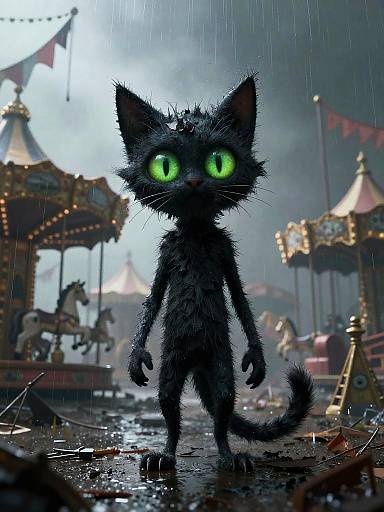 Digital artwork of a wet, black, anthropomorphic cat with glowing green eyes standing in a rainy carnival, surrounded by ornate, lit-up carous