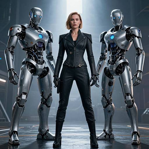 Photograph-style CGI: Strong, blonde woman in black leather outfit stands confidently between two futuristic silver robots with blue eyes in a dimly lit, industrial