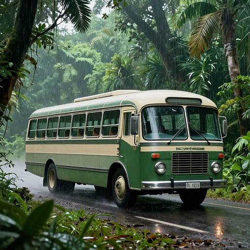 Vintage Icarus Bus in Jungle Rain