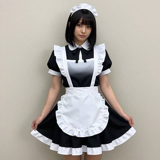 Photograph of an Asian woman with black bob haircut, wearing a black and white French maid outfit, standing against a plain white wall.