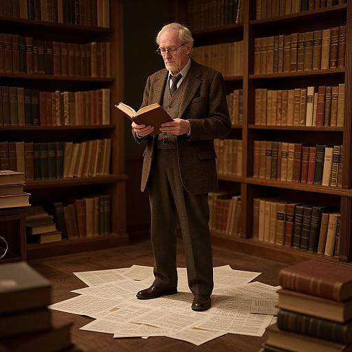 Old Man in Library with Candlelight