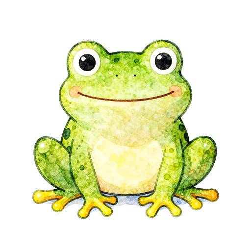 Cute, cartoon-style green frog with large black eyes, yellow toes, and a cheerful smile, sitting against a white background. Watercolor illustration.