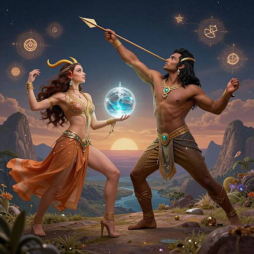 Fantasy illustration of a muscular, dark-skinned man with horns and gold jewelry, pointing a spear at a curvaceous, light-skinned woman