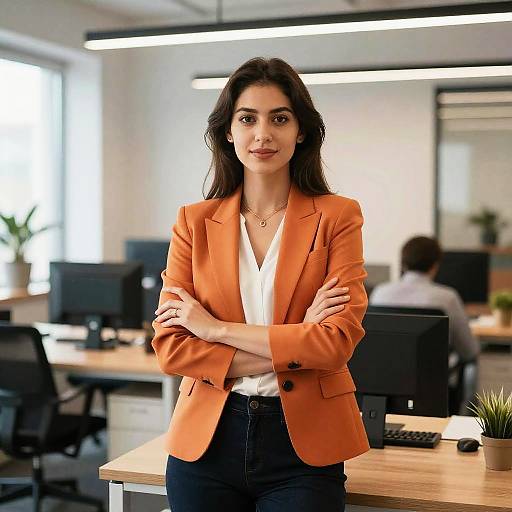 Photograph of a confident woman with long dark hair, wearing an orange blazer and white blouse, standing with arms crossed in a modern, brightly lit