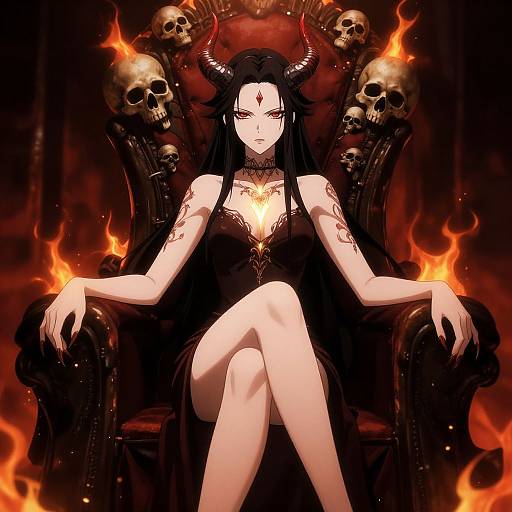 Digital anime-style drawing of a pale-skinned, black-haired demon queen with red eyes, sitting on a black throne surrounded by skulls, flames, and