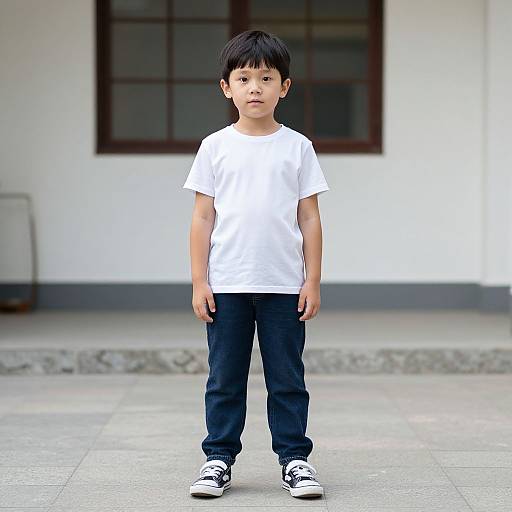 Photograph of a young Asian boy with short black hair, wearing a white t-shirt, black pants, and white sneakers, standing in front of a