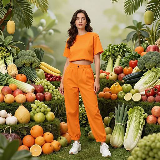 Photograph of a young woman with long brown hair in orange crop top and pants, standing amidst abundant colorful fruits and vegetables in a lush, green,
