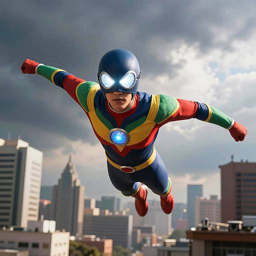 Powerful Hero Soaring Above Skyline