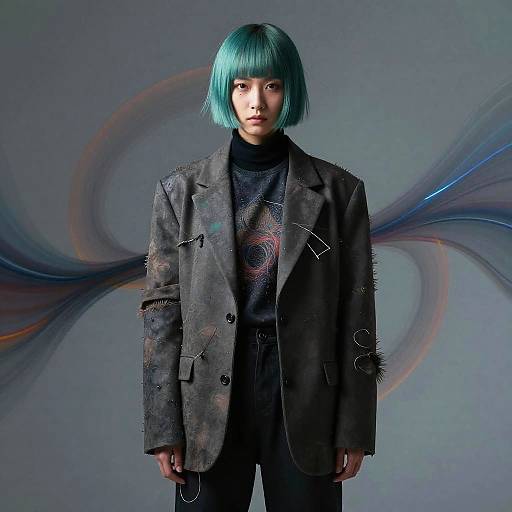 Photograph of an Asian woman with turquoise bob haircut, wearing a dark, patterned blazer over a dark, patterned top, against a swirling