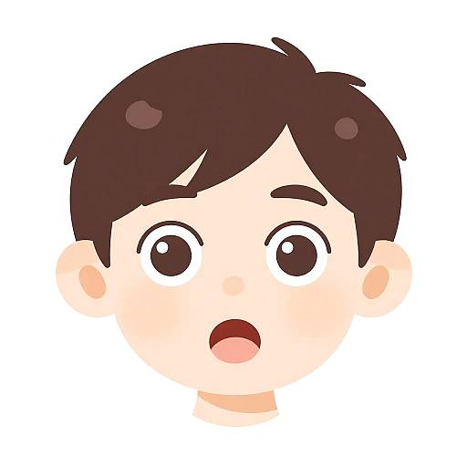 Digital cartoon of a surprised young boy with dark brown hair, wide brown eyes, and an open mouth on a white background.