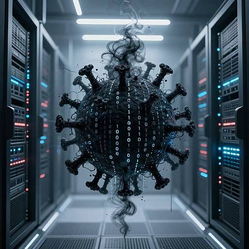 Digital artwork of a dark, smoke-like virus with 12 arms and binary code, floating in a futuristic, blue-lit server room.