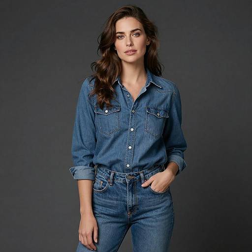 Woman in Denim Shirt and Jeans Studio Portrait