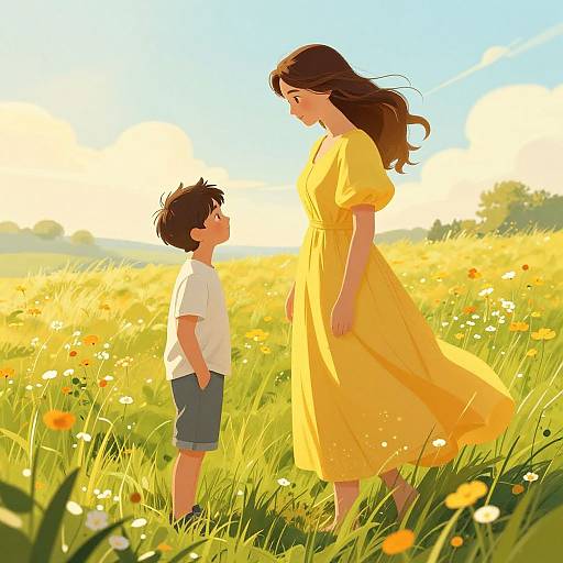 Digital illustration of a young boy in a white shirt and shorts standing in a sunlit meadow, looking up at a tall woman in a yellow dress