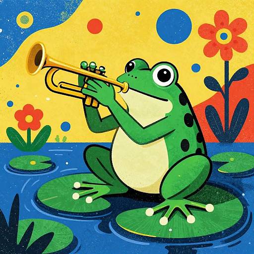Whimsical Frog Playing Twin Trumpets