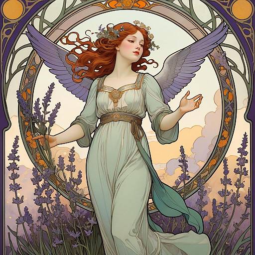 Art Nouveau Woman with Lavender Garden