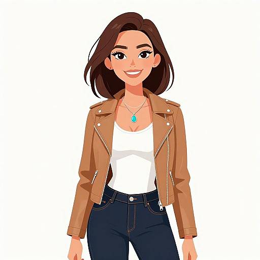 Digital illustration of a smiling woman with brown hair, wearing a brown leather jacket, white tank top, and blue jeans. She has a turquoise necklace and