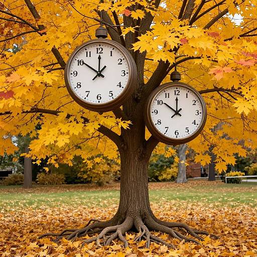 Photograph of a tree with three clock faces, displaying different times, adorned with vibrant yellow autumn leaves on a grassy field.