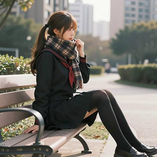 Serene Asian Student in Urban Park
