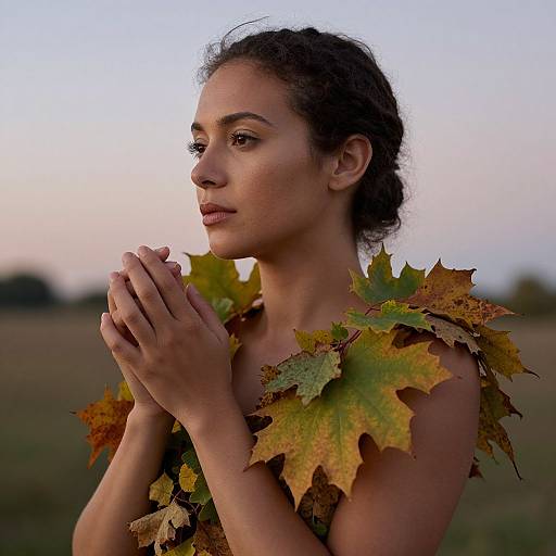 Photograph of a woman with curly hair, wearing maple leaf garland, hands clasped in prayer, against a twilight field backdrop.