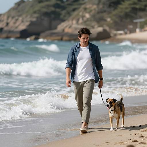 Photograph of a young man with curly brown hair, wearing a blue shirt and gray pants, walking a brown and white dog on a sandy beach with