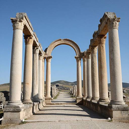 Photograph of ancient Roman ruins featuring tall, weathered stone columns and an archway under a clear blue sky, with mountains in the background.