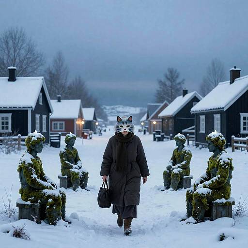 Mystical Elderly Woman in Snowy Village