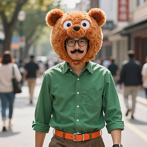 Man Wearing Fuzzy Bear Hat on Urban Street