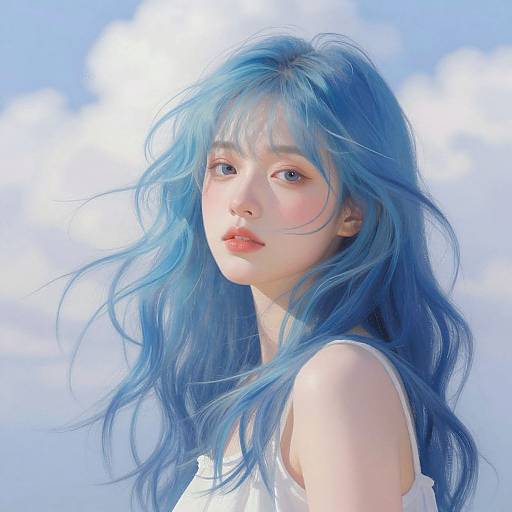Digital painting of a young woman with long, flowing blue hair, pale skin, and pink lips, wearing a white sleeveless top, against a bright