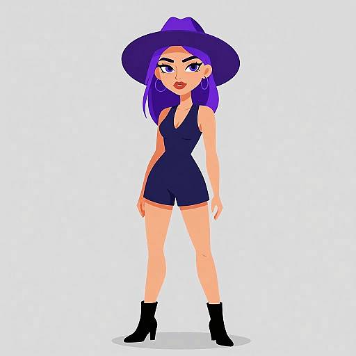 Cartoon-style digital drawing of a confident woman with purple hair, wearing a wide-brimmed black hat, black sleeveless romper, and black