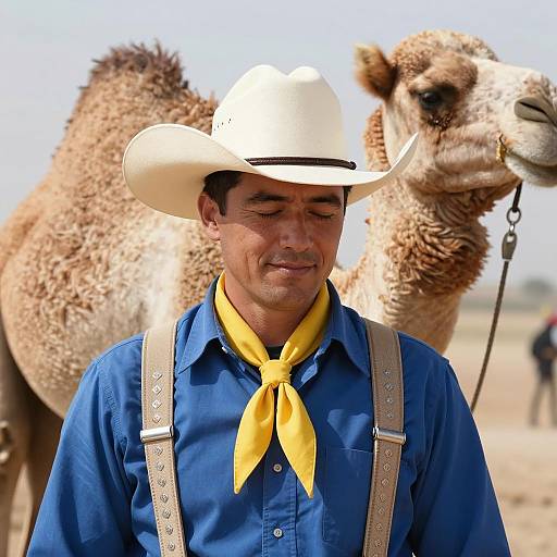 Cowboy Man Smiling Beside a Camel