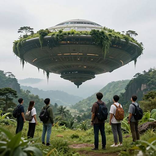 Photograph of five East Asian men, backpacks on, standing in lush, mountainous forest, gazing up at a futuristic, floating, green