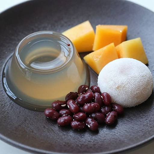 Photograph of a black plate with a glass of clear liquid, yellow mango cubes, white rice ball, and dark red pomegranate seeds.