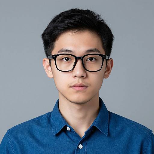 Photograph of an Asian man with short black hair, wearing black thick-rimmed glasses and a blue denim shirt, against a light gray background.
