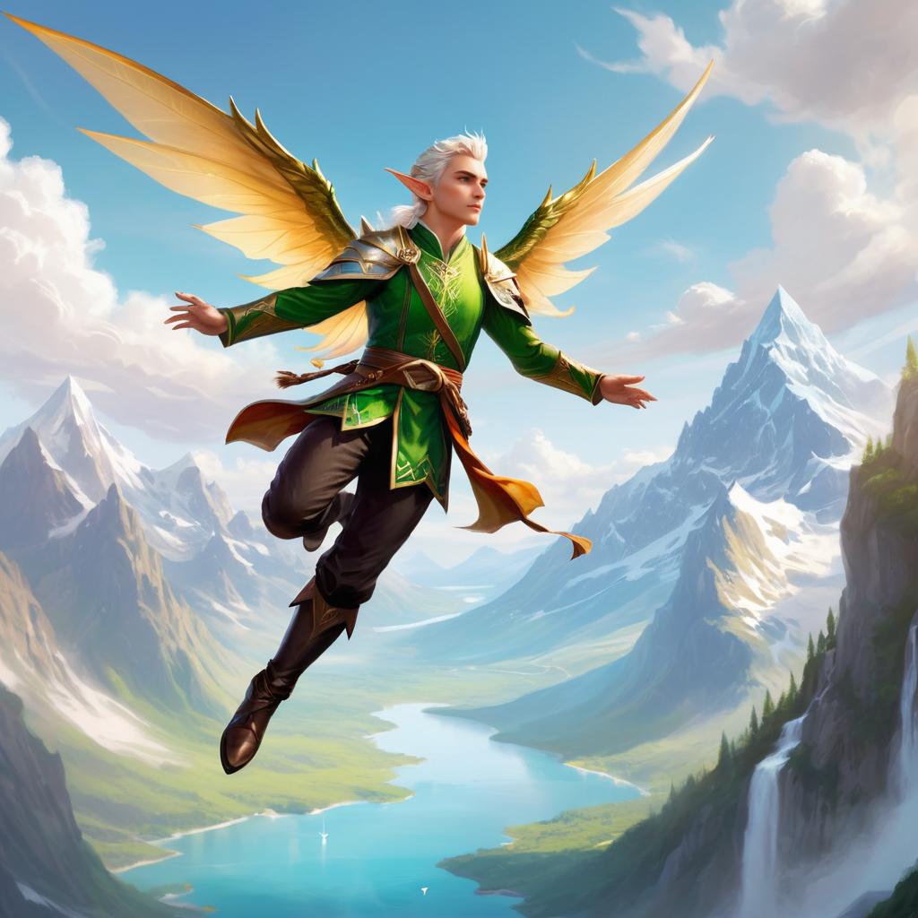 Charming Male Elf Soaring Over Mountains