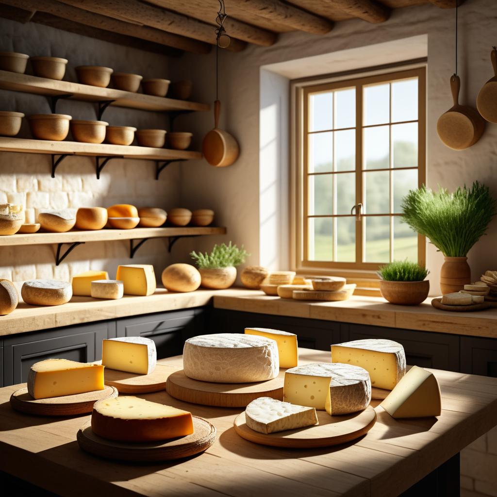 Artisanal Cheese Display in Rustic Kitchen