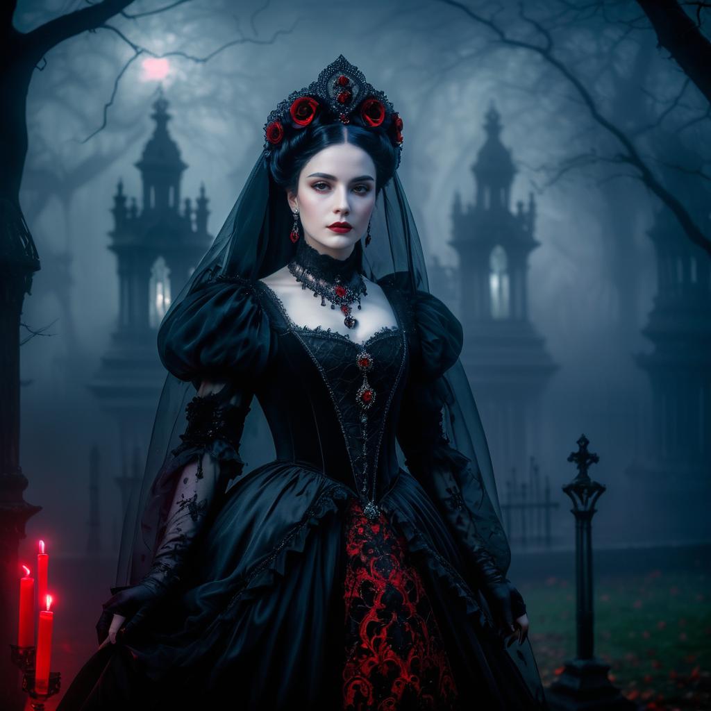 Gothic Elegance: Ghostly Noblewoman in Graveyard