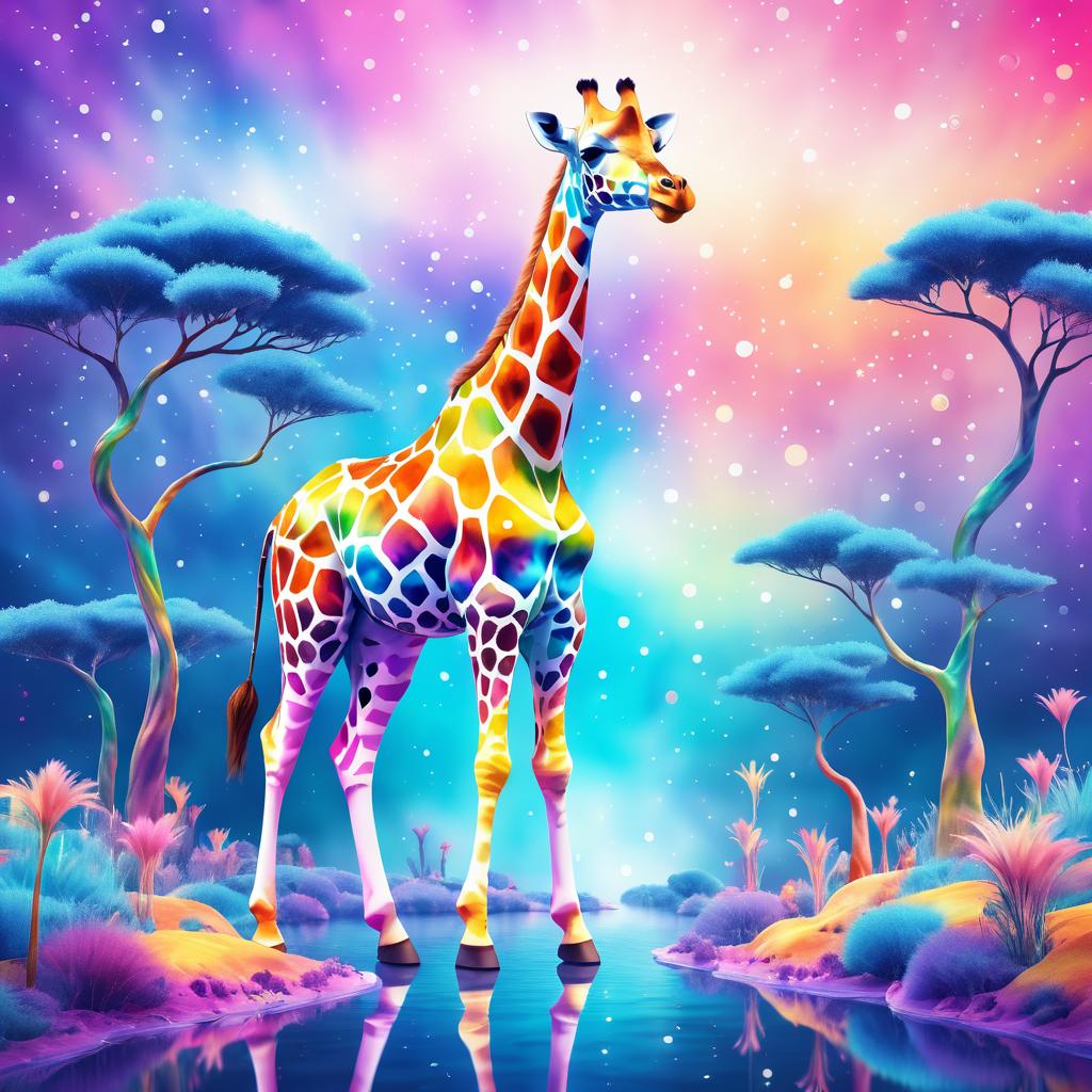 Whimsical Giraffe in Dreamy Watercolor Landscape