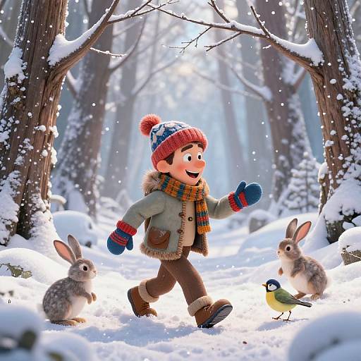 Photorealistic digital artwork of a smiling child in winter gear, walking in a snowy forest with two rabbits and a bird.