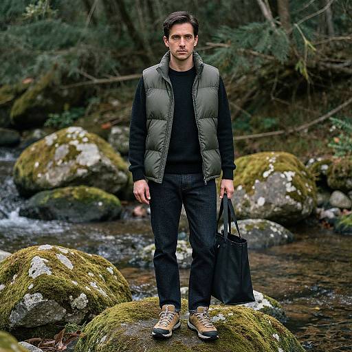 Photograph of a serious-looking man with short dark hair, wearing a black puffer vest, black shirt, jeans, and brown boots, standing on