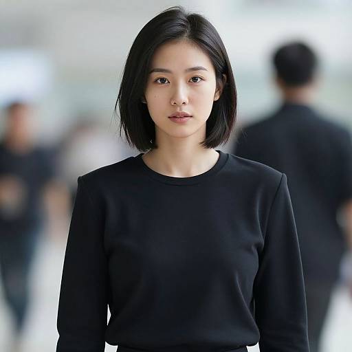 Photograph of an Asian woman with short black hair, wearing a simple black long-sleeve top, standing in a blurred, bright indoor space with