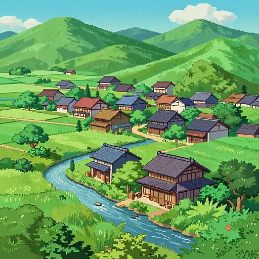 Digital pixel art of a vibrant, green countryside village with traditional wooden houses, a winding river, lush hills, and a bright blue sky.