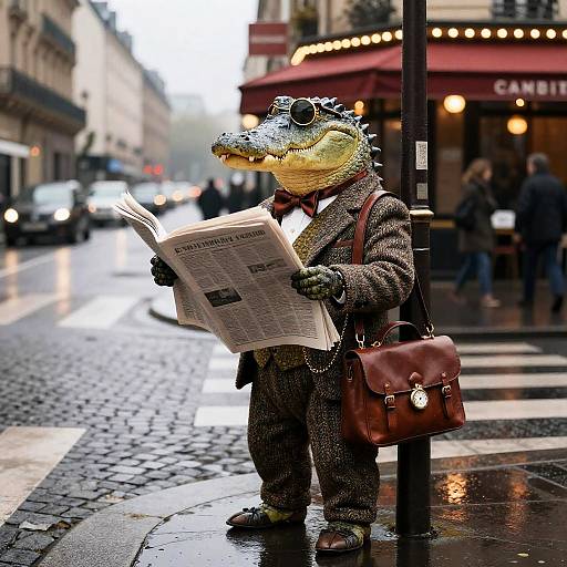 Anthropomorphic Crocodile in Tweed Suit Reading Newspaper