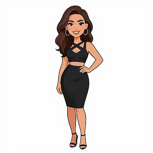 Digital illustration of a confident woman with long brown hair, wearing a black sleeveless top and skirt, large hoop earrings, and black heels, standing against