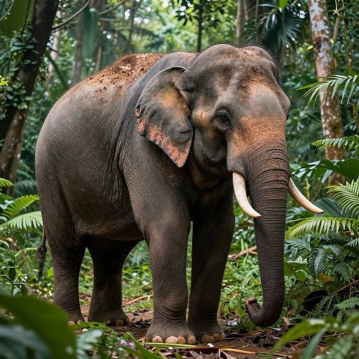 Photograph of a large, gray Asian elephant with dusty brown patches on its back, standing in a lush, dense jungle with green foliage and tall trees