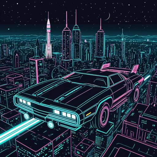 Retro-Futuristic Flying Car Over Cyberpunk City